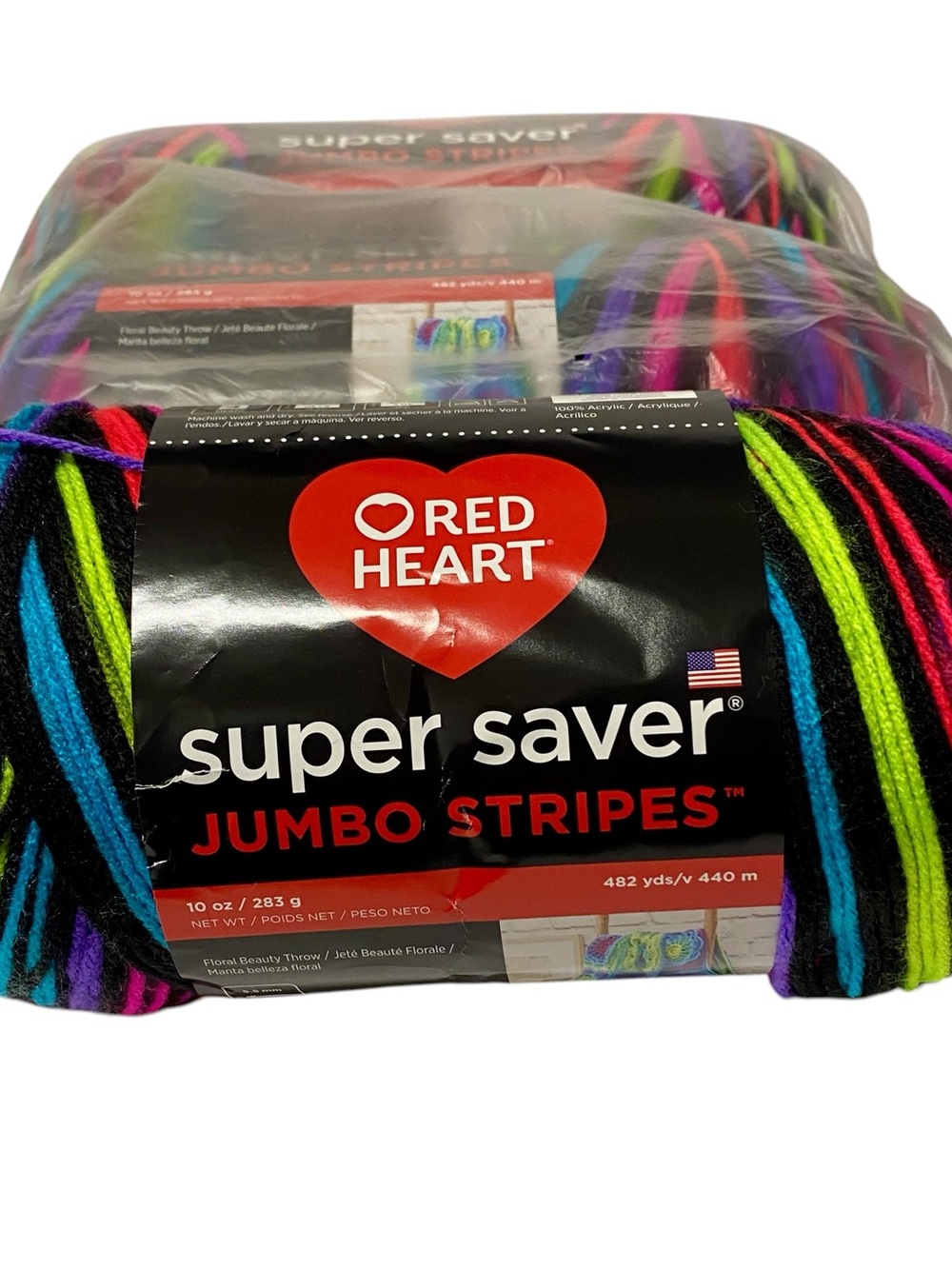 Red Heart Super Saver Jumbo Stripes Yarn - Black with Neon Multicolor Stripes